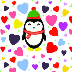 Christmas penguin in hearts