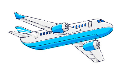 Flying plane passenger airliner isolated over white background, beautiful thin line 3d vector illustration.