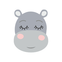 Cute sweet little hippo smiling face art. Kids nursery scandinavian hand drawn illustration. Simple children nursery print. Graphic design