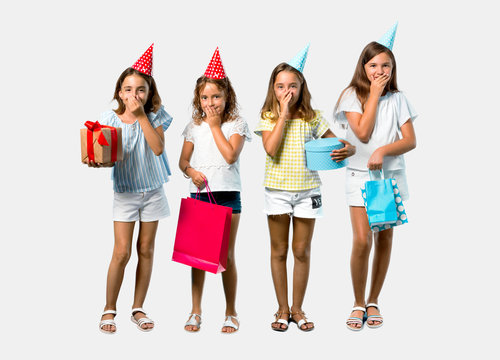 Set of Little girl at a birthday party holding a gift bag laughing on grey background