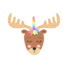 Hand drawnillustration of a cute funny moose with a unicorn horn. Scandinavian style flat design. Concept for children print.