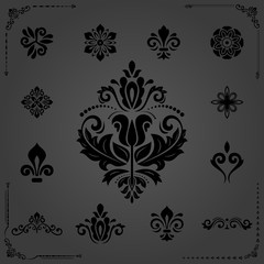 Fototapeta premium Vintage set of vector floral elements. Different black elements for backgrounds, frames and monograms. Classic black patterns. Set of vintage patterns