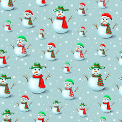 vector seamless Christmas snowman pattern with snowflakes on gray backdrop. Cute snowman background template for holiday design. snowmen in various santas hats and scarves for prints and wallpapers