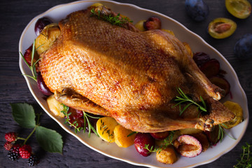Baked duck with potatoes, plums, rosemary and thyme, close-up on plate. Overhead, horizontal