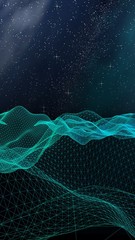 Abstract landscape on a dark background. Cyberspace grid. hi tech network. Outer space. Vertical orientation. Starry outer space texture. 3D illustration