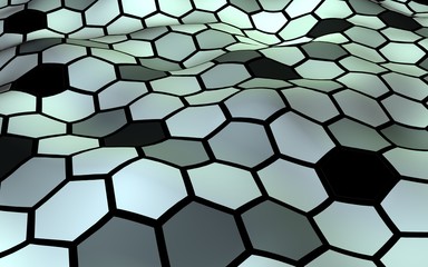 Honeycomb with a gradient color. Perspective view on polygon look like honeycomb. Wavy surface. Isometric geometry. 3D illustration