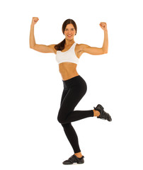 Young healthy girl doing exercises, full length portrait isolated over white background