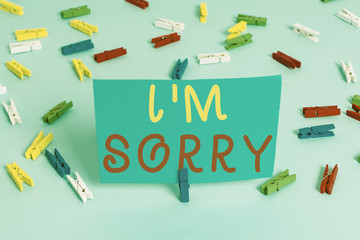 Handwriting text I M Sorry. Conceptual photo Toask for forgiveness to someone you unintensionaly hurt Colored clothespin papers empty reminder blue floor background office pin