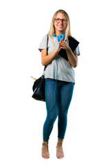 A full-length shot of Student girl with glasses applauding after presentation in a conference on isolated white background