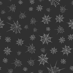 seamless cobweb pattern on dark backdrop. line art of spider web for halloween. Scary spider web background template. white cobweb silhouette. Spooky halloween decoration element
