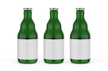 Green beer bottle with label, mock up template on isolated white background, 3d illustration