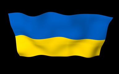 The flag of Ukraine on a dark background. National flag and state ensign. Blue and yellow bicolour. 3D illustration waving flag