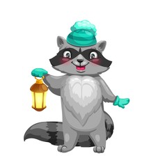 Raccoon animal with knitted hat and lantern