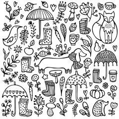 Autumn doodle black and white background. Umbrellas, rubber boots, fox, dog, hedgehog, bird, leaves, mushrooms and other floral elements. Hand drawn vector illustration.