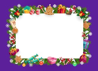 Christmas tree, gifts, presents wreath. Xmas frame