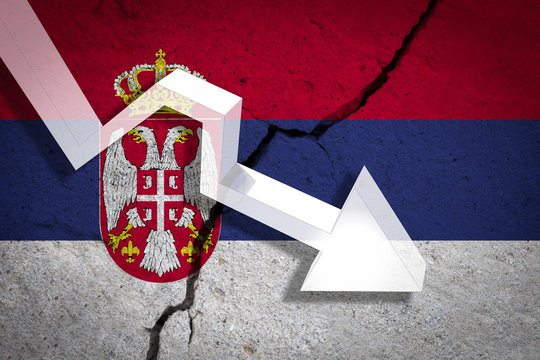 Serbia Flag on the cracked wall with arrow falling down. Concept of decrease in the country.