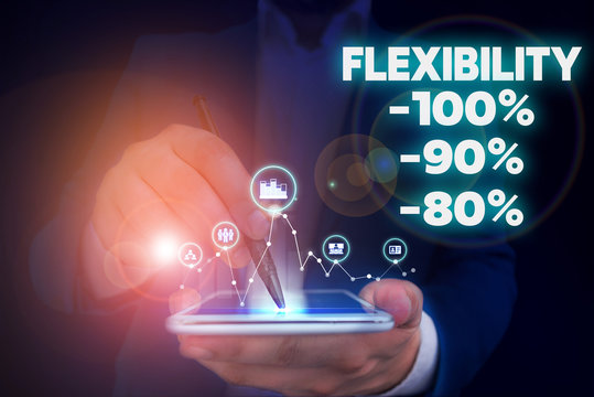 Handwriting text writing Flexibility 100 Percent 90 Percent 80 Percent. Conceptual photo How much flexible you are maleability level Male human wear formal work suit presenting presentation using