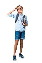 Full body of Student boy with backpack and glasses standing and thinking an idea on isolated white background