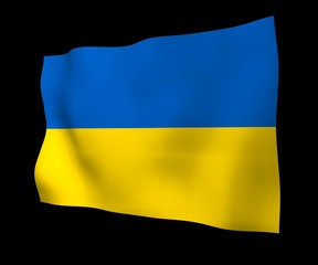 The flag of Ukraine on a dark background. National flag and state ensign. Blue and yellow bicolour. 3D illustration waving flag
