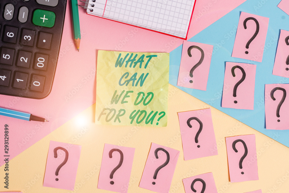 Aufkleber text sign showing what can we do for you question question question. business photo text how may i h