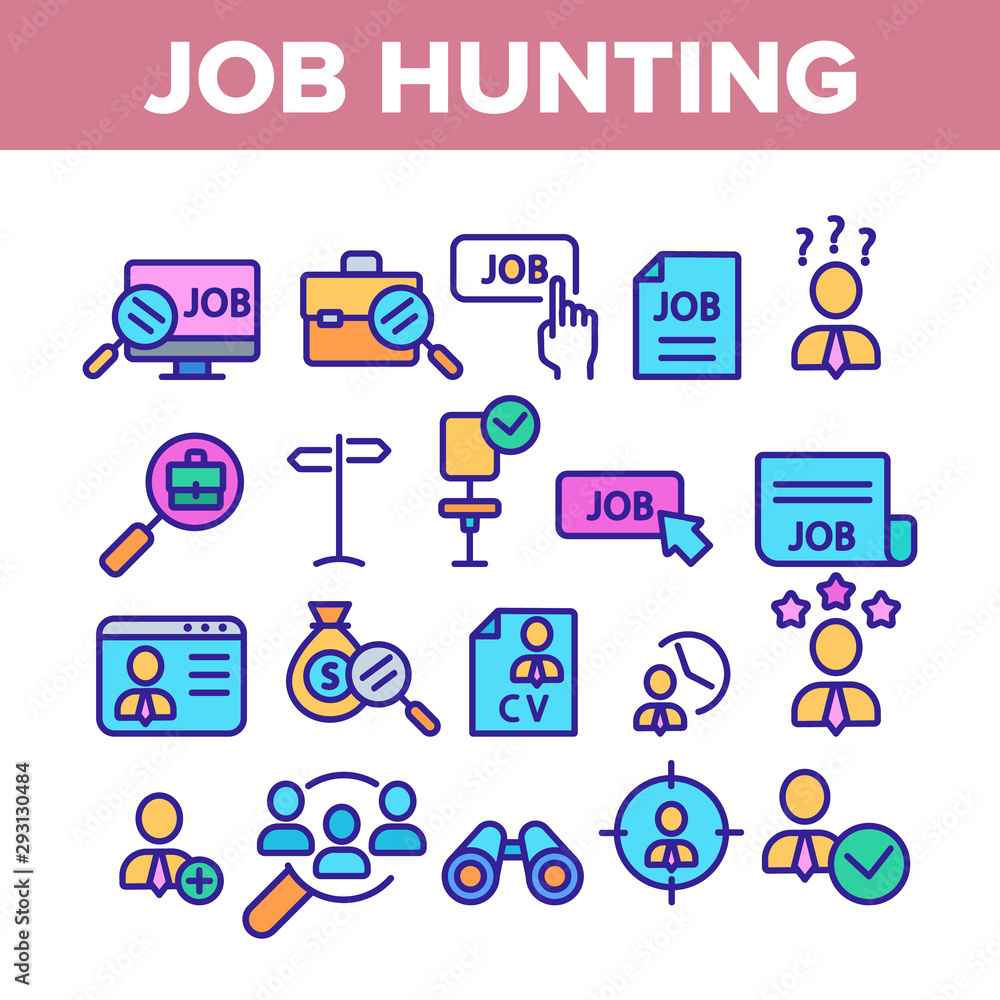 Poster job hunting collection elements icons set vector thin line. magnifier with suitcase and computer, we
