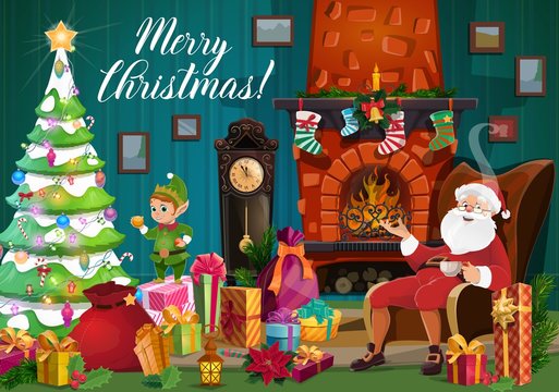 Santa, Christmas elf and Xmas gifts near fireplace