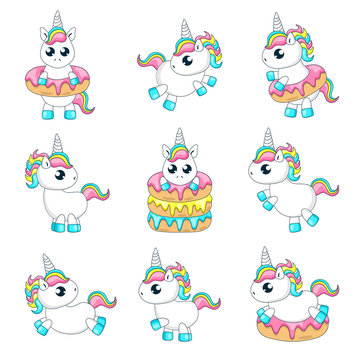 Set of cute baby unicorns playing with donuts.Vector illustration