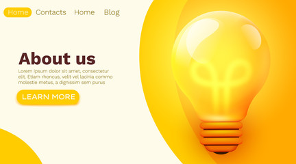 Business brainstorming Idea or startup concept with big yellow light bulb lamp. Creative innovation solution. template for web landing page, banner, presentation, social media.