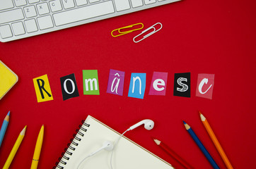 Top view romanian lettering on red background