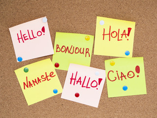 Top view paper speech bubbles with hello in different languages