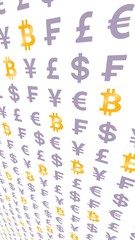 Bitcoin and currency on a white background. Digital crypto currency symbol. Wave effect, currency market fluctuations. Business concept. 3D illustration