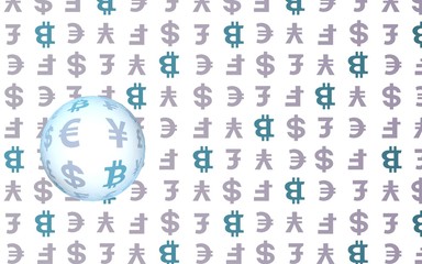 Bitcoin and currency on a white background. Digital crypto symbol. Currency bubble, wave effect, market fluctuations. Business concept. 3D illustration