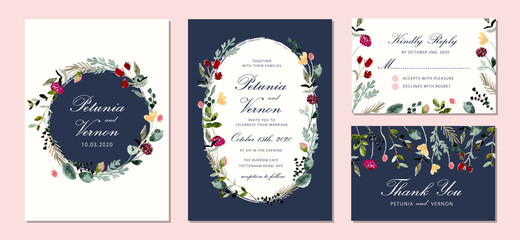 wedding invitation set with beautiful watercolor floral frame