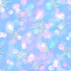 Magic winter pattern with bokeh and snowflakes