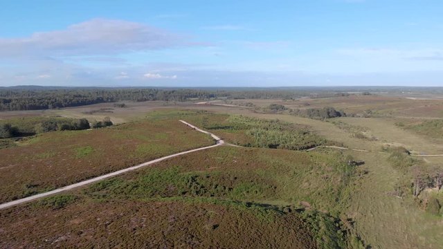 An aerial backward footage of the New Forest with trees, heartland and trail path under a majestic blue sky and some white clouds
