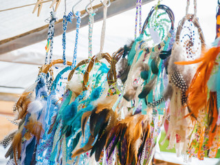Colorful dreamcatchers selling at outdoor souvenir market