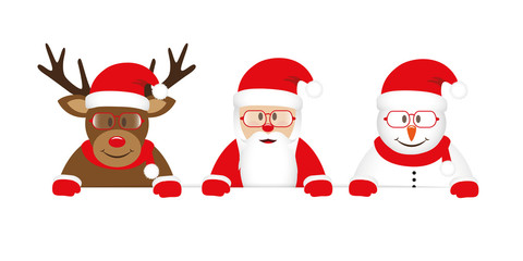 Fototapeta na wymiar cute reindeer santa and snowman cartoon with glasses white banner vector illustration EPS10