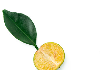 Small Fresh green oranges with leaf, on a white background. Cut Green tangerines. Tropical fruits collection.