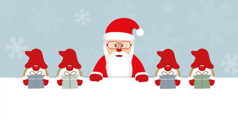 santa claus with glasses and his helper gnome with gifts christmas cartoon vector illustration EPS10