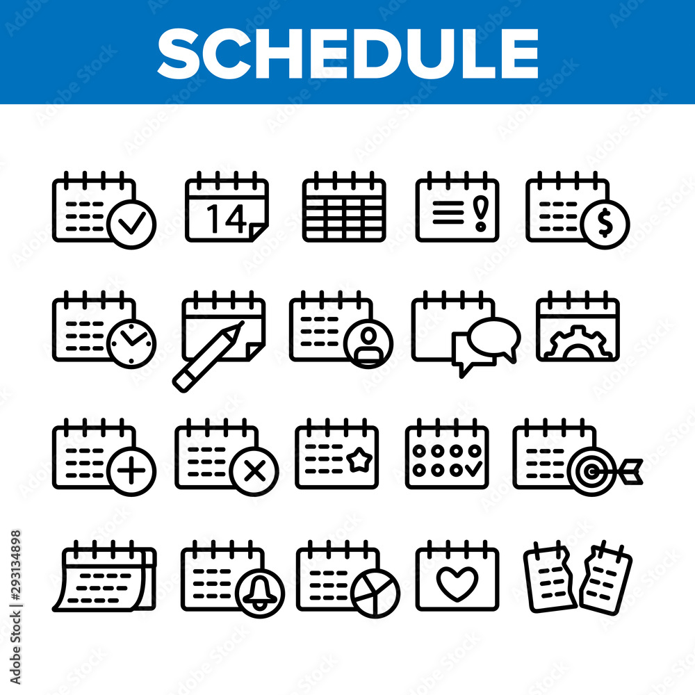 Poster schedule collection elements icons set vector thin line. calendar with clock and human, heart and be