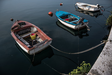 Old Wooden Motorboats On Calm Water In Harbor In Croatia