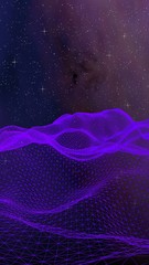 Abstract ultraviolet landscape on a dark background. Purple cyberspace grid. hi tech network. Outer space. Violet starry outer space texture. 3D illustration