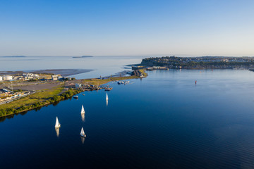 Aerial view of Cardiff Bay, the Capital of Wales, UK 2019 on a clear sky summer day