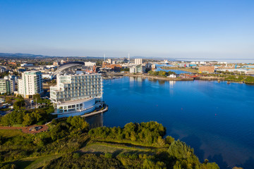 Aerial view of Cardiff Bay, the Capital of Wales, UK 2019 on a clear sky summer day