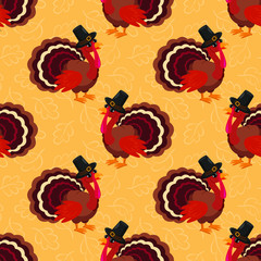 Vector seamless pattern with cartoon turkey bird for Happy Thanksgiving celebration. Holiday design for greeting card, gift box, wallpaper, fabric, web design.