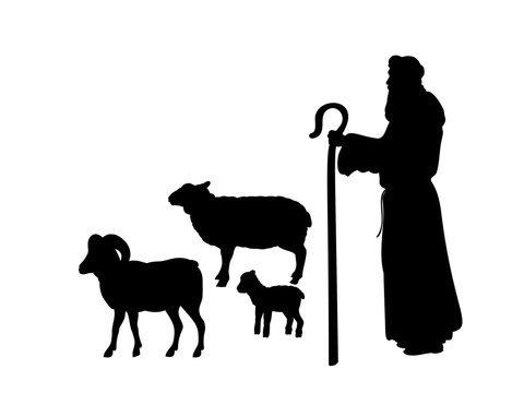 Holiday silhouettes christmas Nativity. Shepherd grazes flock sheep. Illustration