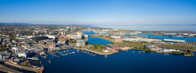 Obraz premium Aerial view of Cardiff Bay, the Capital of Wales, UK 2019 on a clear sky summer day
