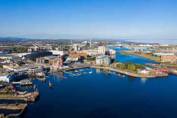 Obraz na płótnie Canvas Aerial view of Cardiff Bay, the Capital of Wales, UK 2019 on a clear sky summer day