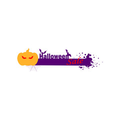 Happy halloween day, vector logo. Stylish trendy flat design mockup Halloween sale discounts. Pumpkin Jack - A traditional Halloween symbol and bats with spider webs.