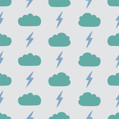 Seamless pattern with clouds and lightning rain. Background for poster, cover booklet, banner, surface design.